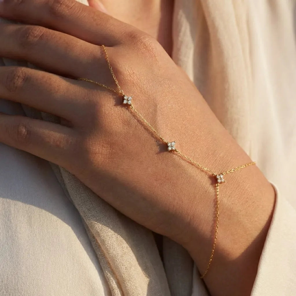 Crystal Clover Hand Chain Bracelet Sterling Silver Gold Plated