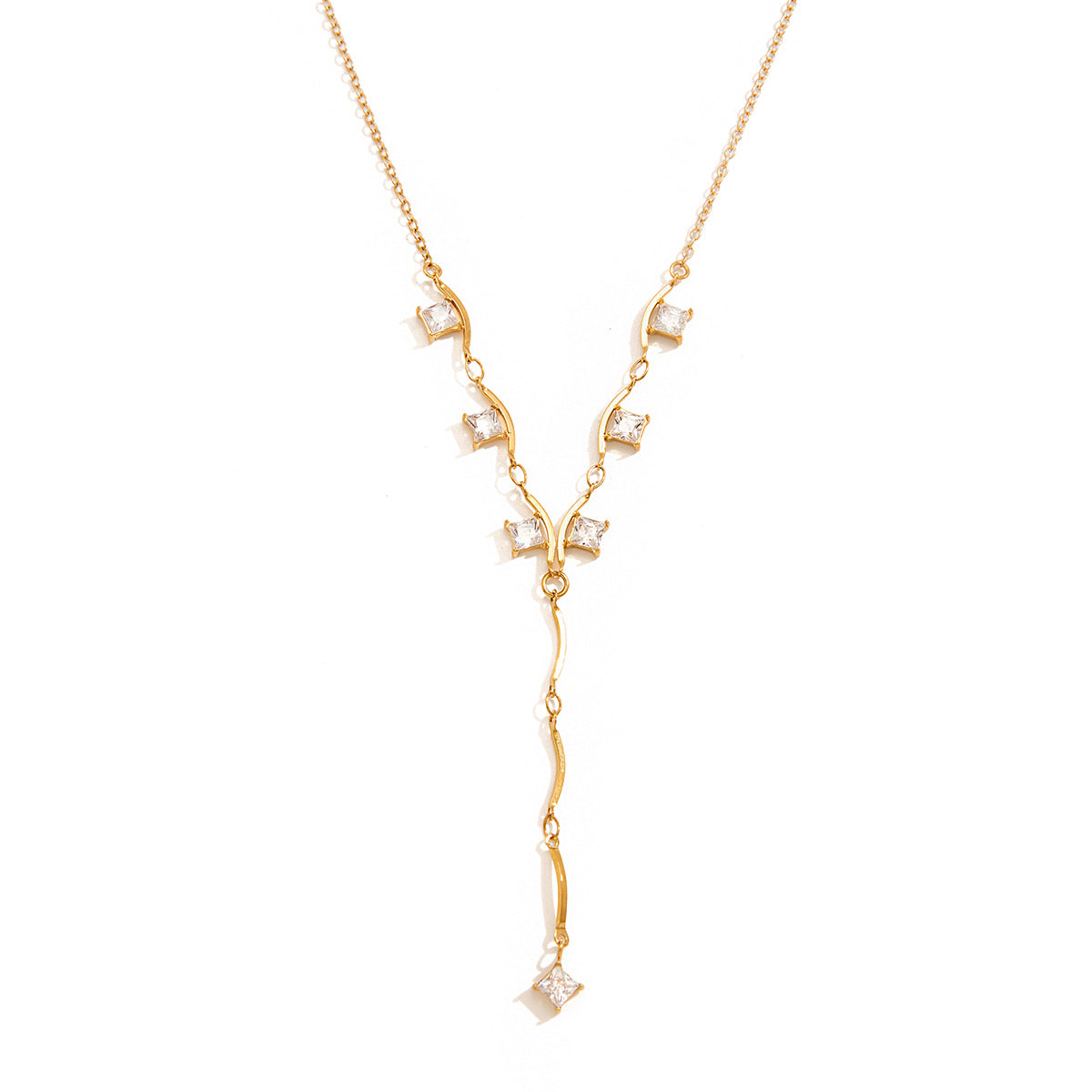 Gemma square crystal gold necklace: crystals on curved bars forming a V above a long Y drop