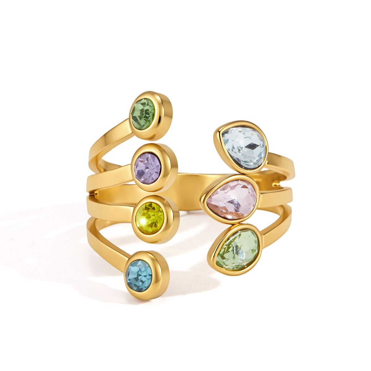 Giulia pastel crystal gold ring on white, green, lilac, yellow and blue rounds beside pale blue, pink and green pears
