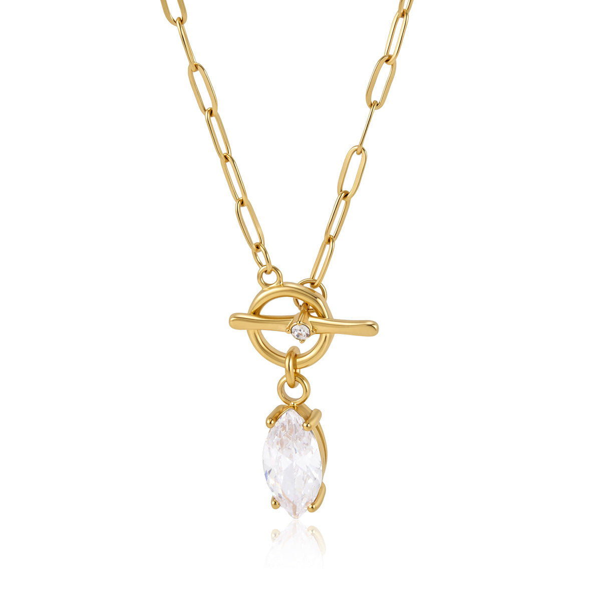 Isabelle marquise toggle gold necklace on white, the crystal drop hanging below the front toggle