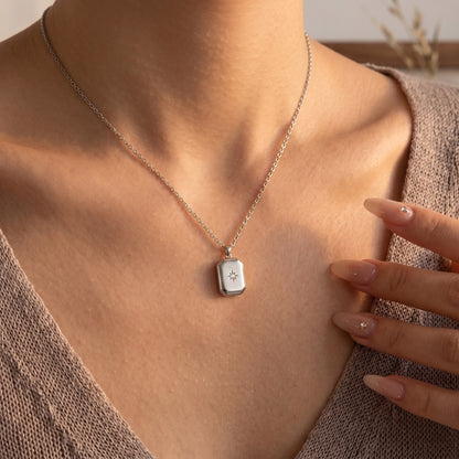 Celeste Vintage Geometric Tag Crystal Silver Necklace - Joie d’Or