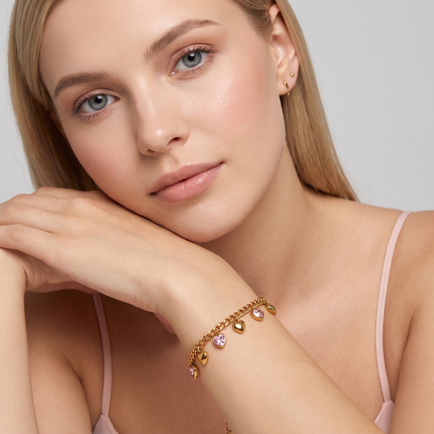 Amélie Pink & Gold Heart Charm Bracelet - Joie d’Or