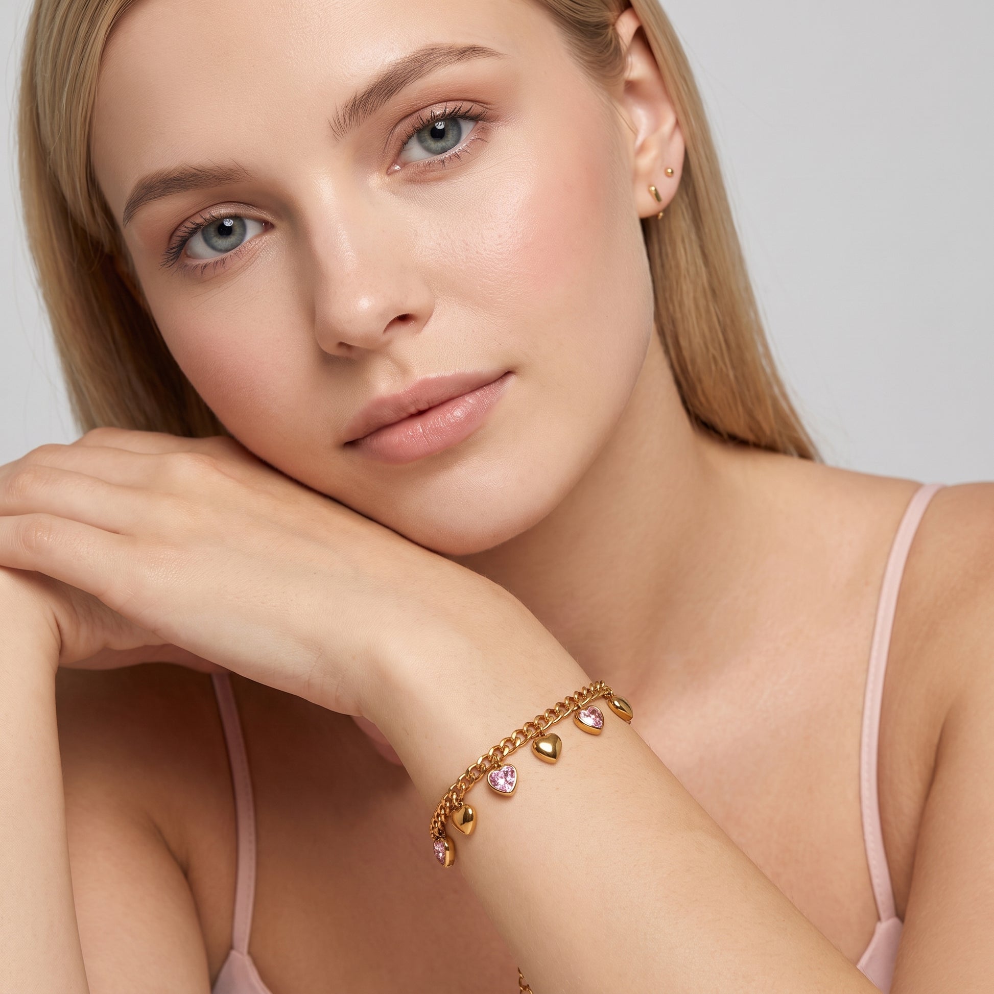 Amélie Pink & Gold Heart Charm Bracelet - Joie d’Or