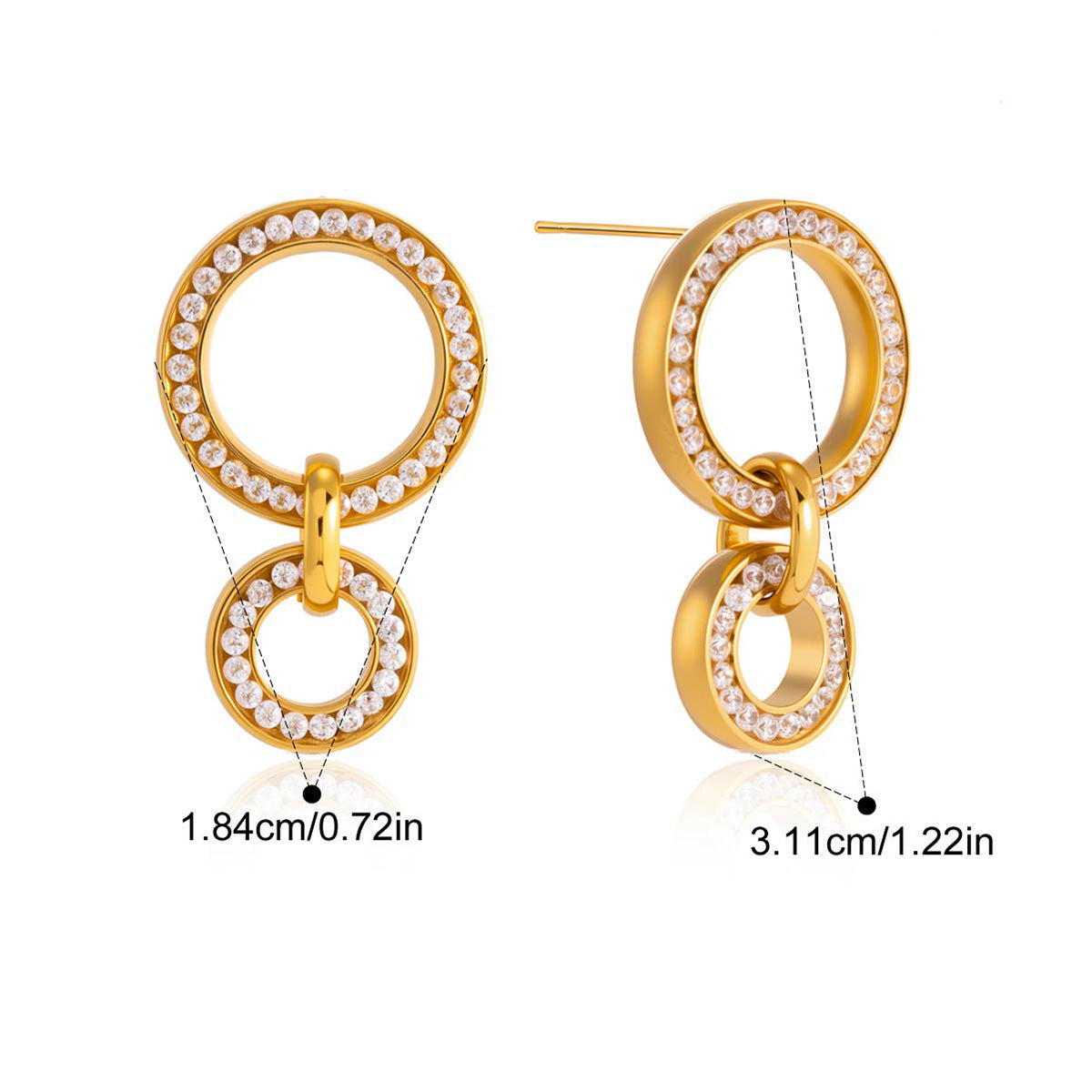 Apolline double circle earring measurements: length 3.11cm, top circle 1.84cm, weight 9.4g, stainless steel
