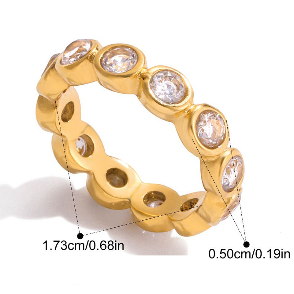 Ariana round eternity gold ring: clear round zircons in smooth bezels set all the way round the band, 5 mm stones, weight 4.2 g