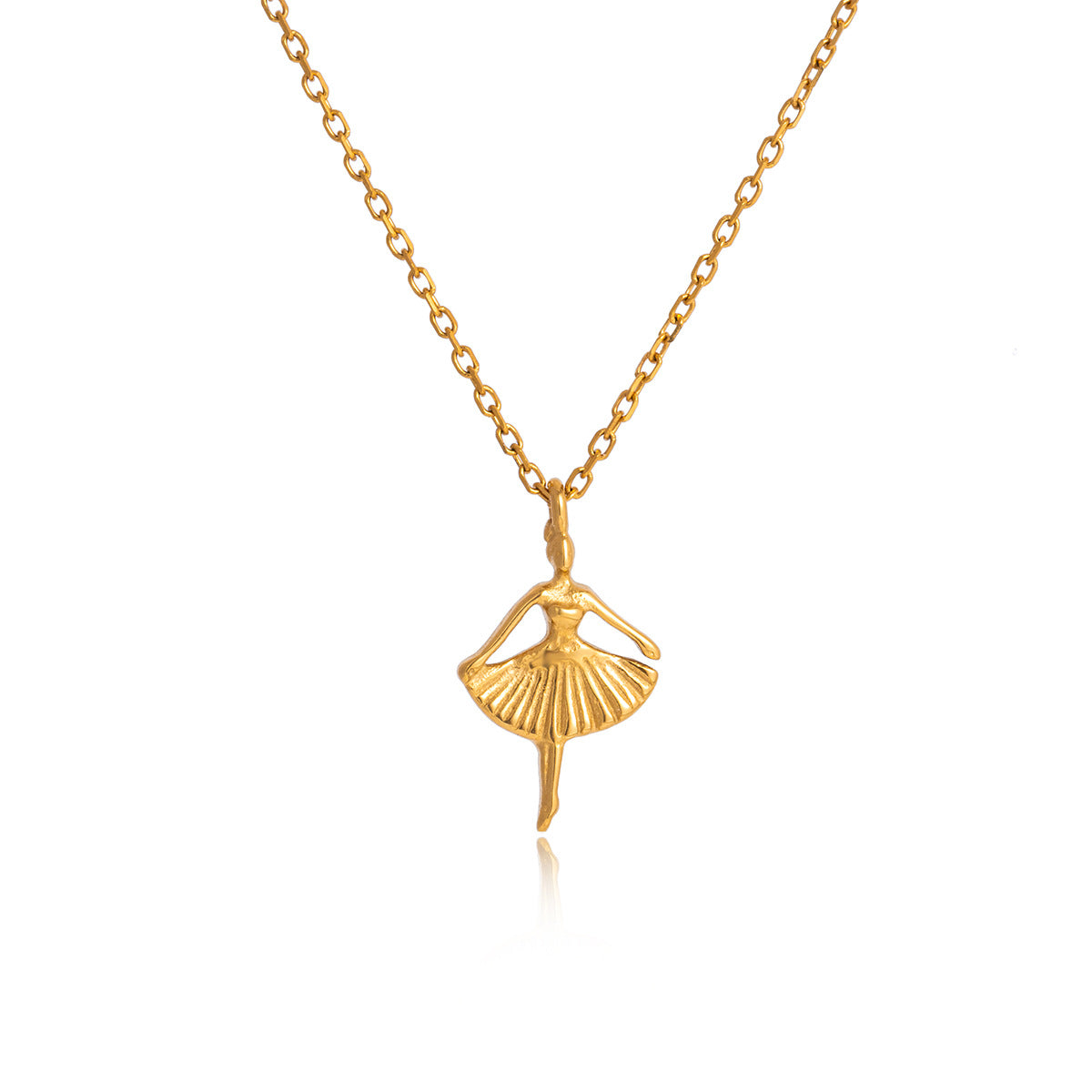 Ava ballerina gold necklace, dancer pendant with a pleated tutu on a cable chain, white background
