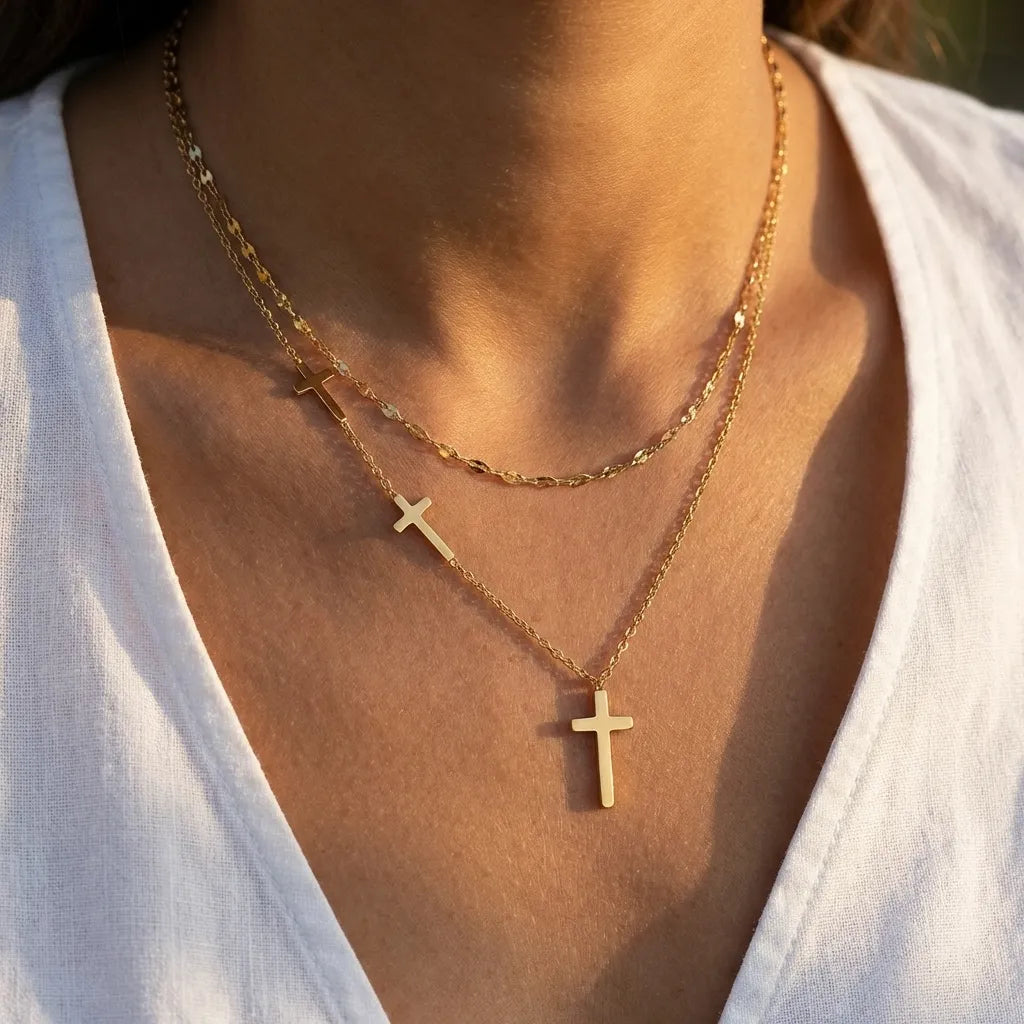 Woman wearing the Divina layered gold necklace with three cross charms and a flat-link chain