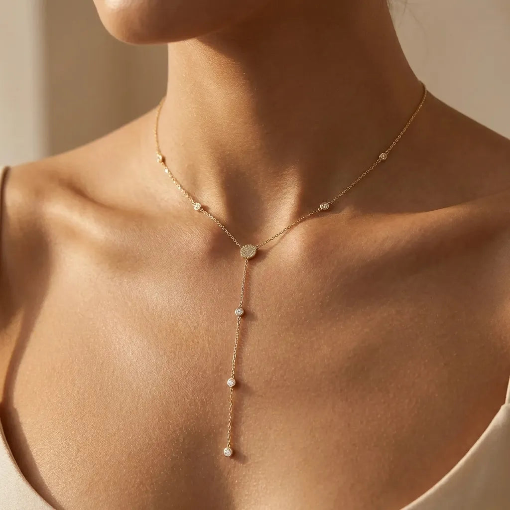 Woman wearing the Elodie Y-chain necklace in gold with crystal stations and a long drop at the center
