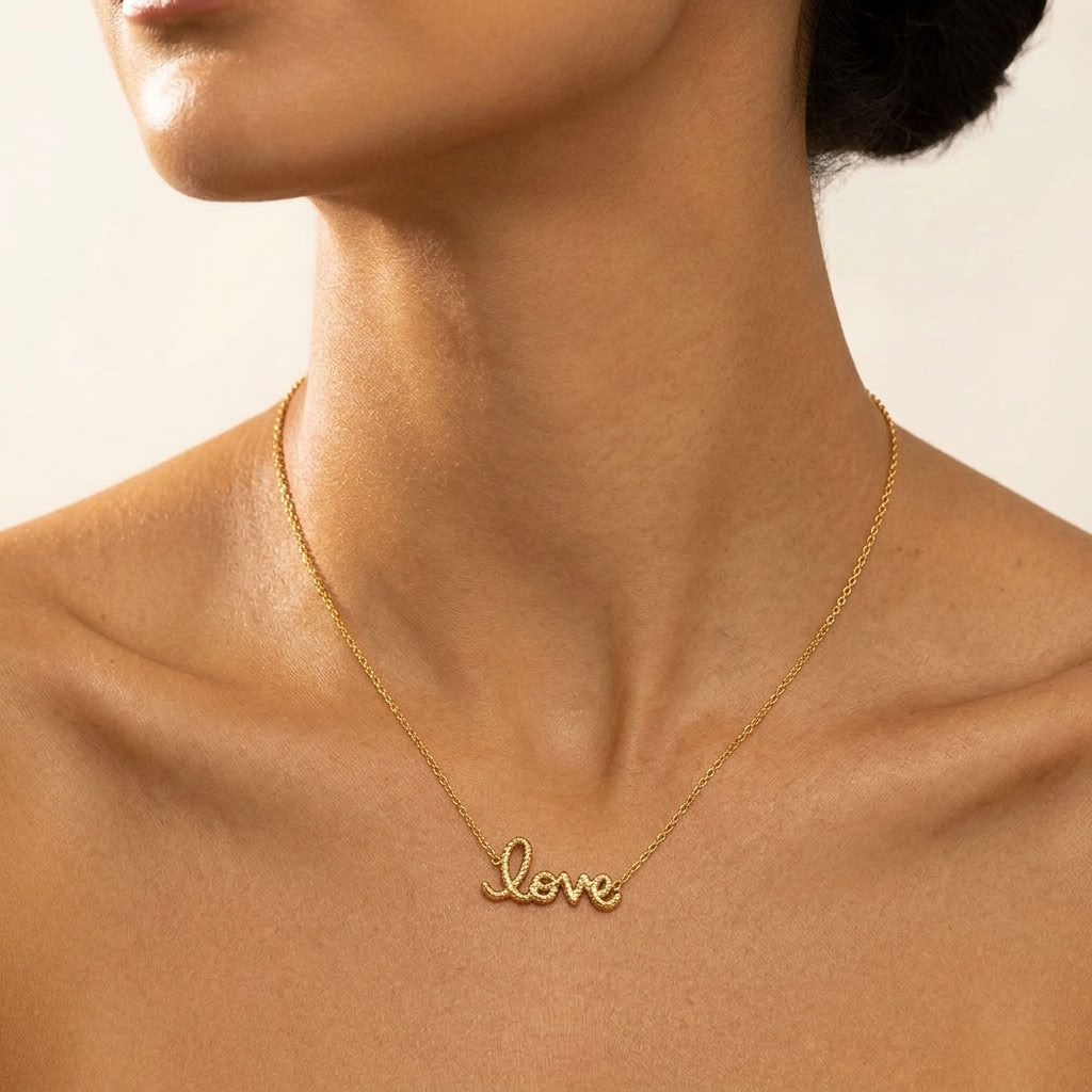Rosalie Rope Love Script Gold Necklace