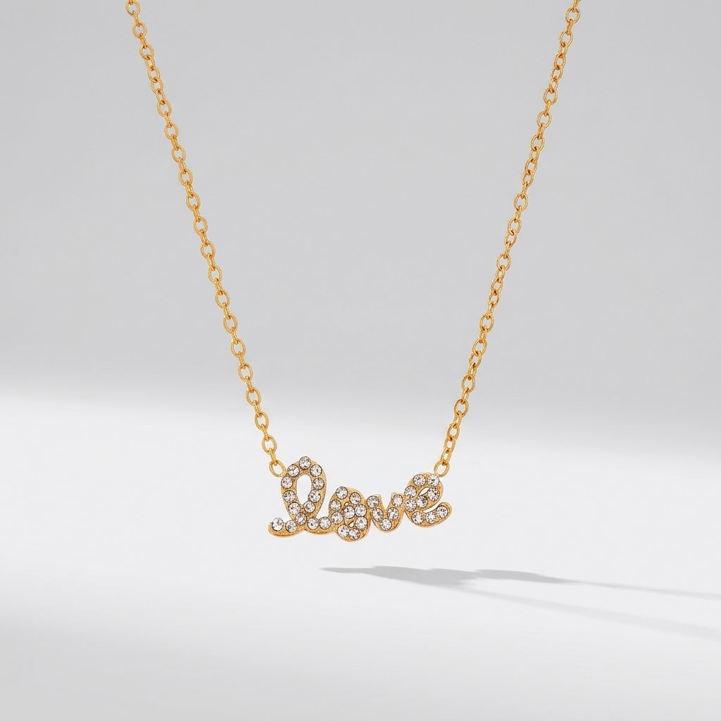 Manon Crystal Love Script Gold Necklace