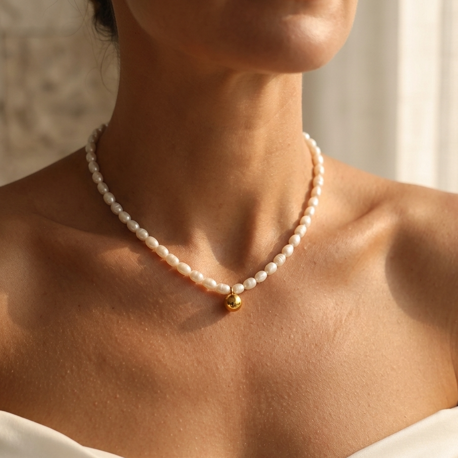 A close-up of a model wearing a delicate white pearl necklace with a small gold bead accent at the center, styled with a white strapless top.