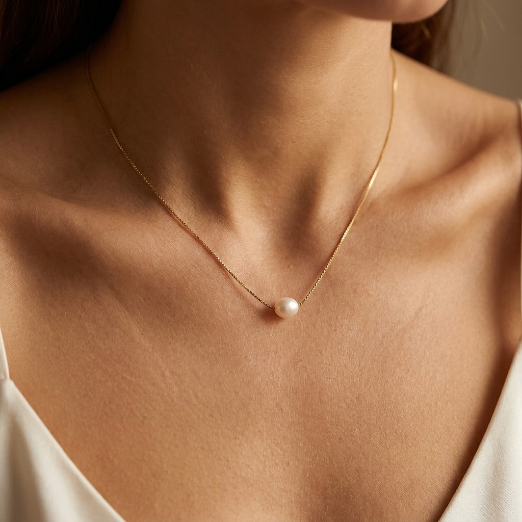 Woman wearing the Élise baroque pearl necklace in gold, a single pearl on a slim box chain