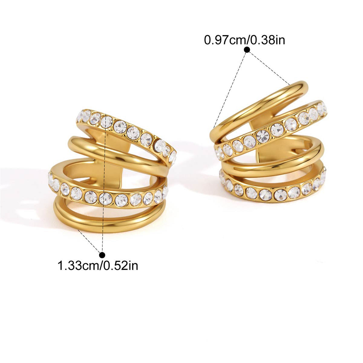 Jeanne crisscross ear cuffs measurements: height 1.33cm, width 0.97cm, weight 4.5g, stainless steel