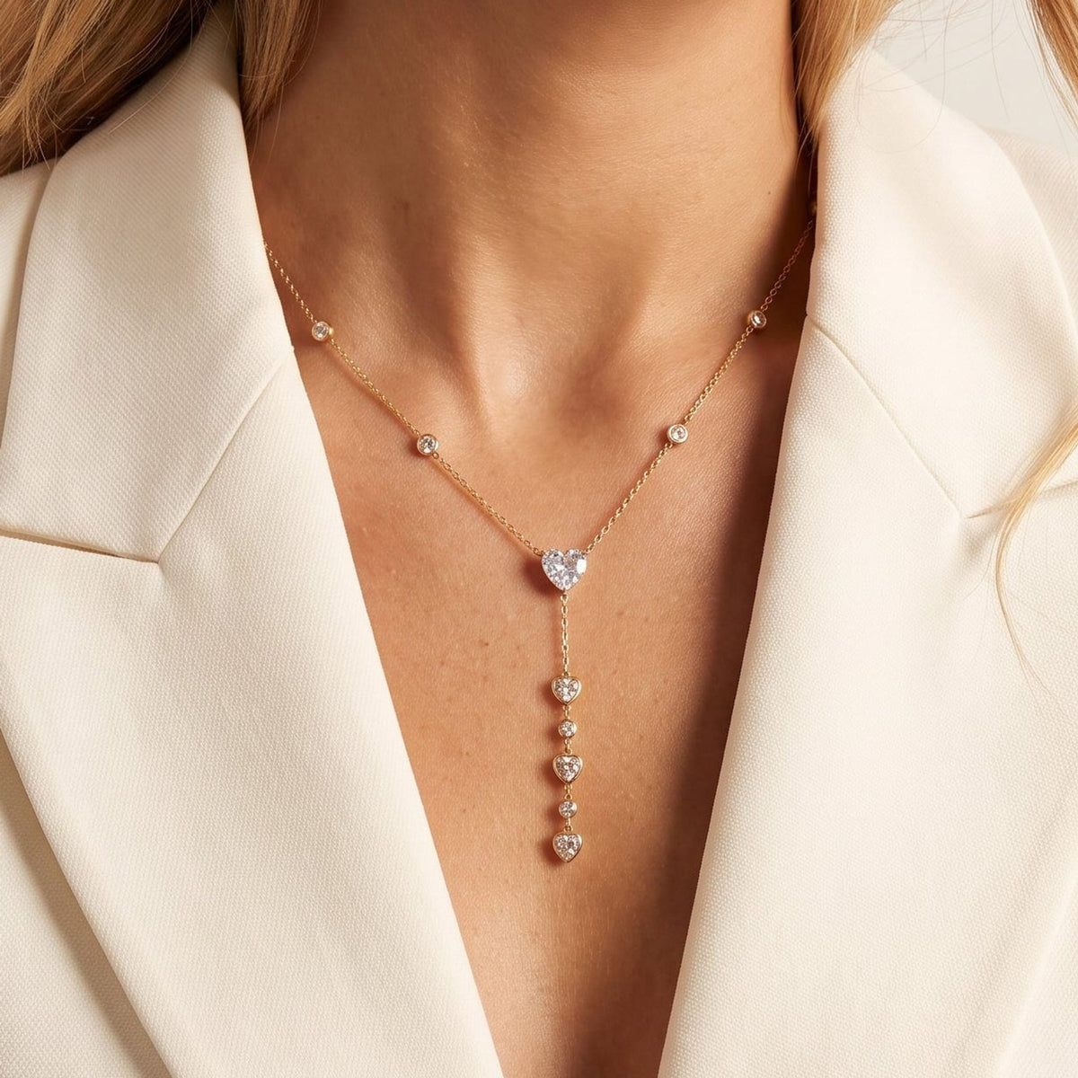 Woman wearing the Justine heart cascade gold necklace at the collarbone