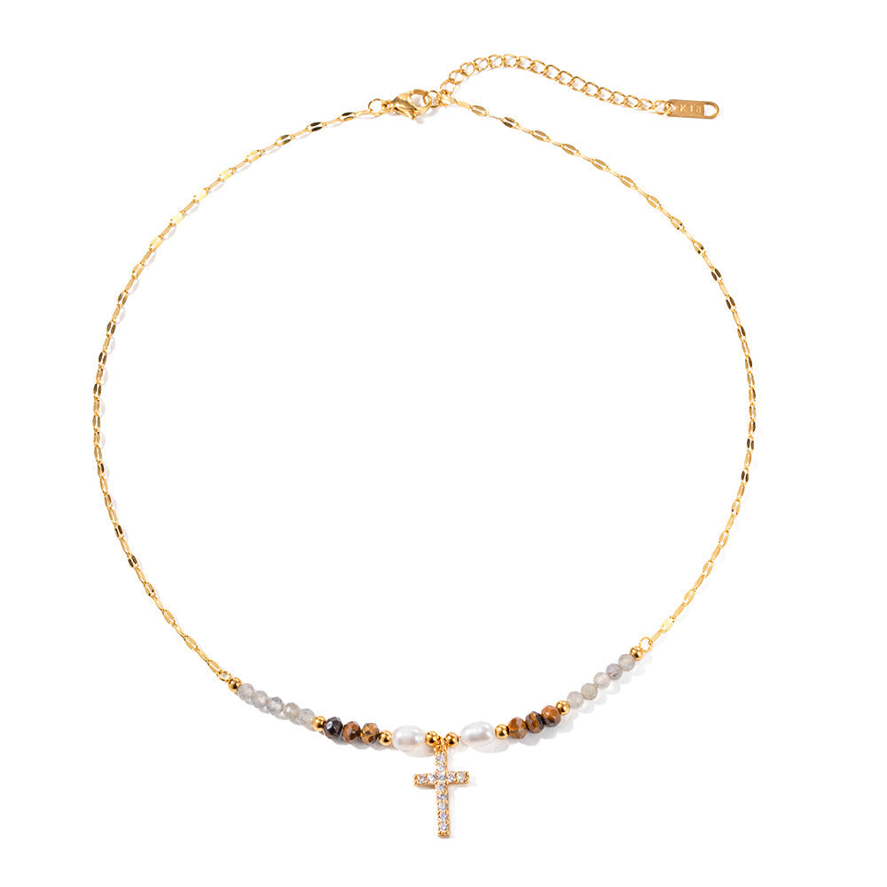Viola Pearl Cross Gold Necklace
